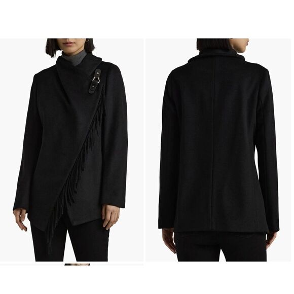 $290 New Ralph Lauren Buckled Asymmetric Wool Blend Jacket Black Size 6 - Picture 1 of 5